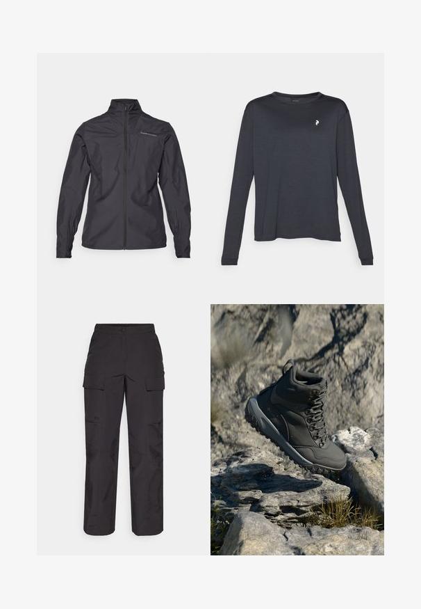 Giacca leggera nera con colletto alto, zip frontale completa, polsini elasticizzati e logo sull'area sinistra del petto. Texture liscia.; T-shirt a maniche lunghe scure realizzato in tessuto testurizzato, con scollo rotondo e un piccolo logo bianco sulla zona sinistra del petto.; Pantaloni cargo neri realizzati in tessuto resistente, caratterizzati da molteplici tasche laterali, chiusura con bottone e vestibilità ampia con gambe dritte.; Stivale da trekking grigio scuro realizzato in materiale sintetico, con colletto imbottito, occhielli in metallo e suola in gomma testurizzata per una migliore aderenza.