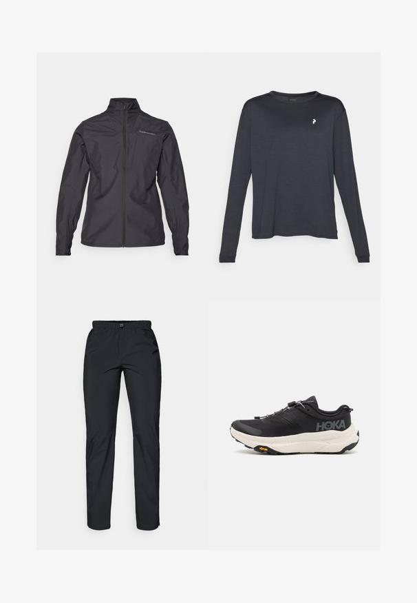 Schwarze leichte Jacke mit hohem Kragen, durchgehendem Reißverschluss, elastischen Bündchen und einem Logo auf der linken Brustseite. Glatte Textur.; Dunkles Langarm-T-Shirt aus strukturiertem Stoff, mit Rundhalsausschnitt und einem kleinen weißen Logo auf der linken Brustseite.; Schwarze, leichte, wasserabweisende Hose mit elastischem Bund und zwei Seitentaschen; glatte Textur; gerade Beinform.; Schwarze Sportschuhe mit einem atmungsaktiven Mesh-Obermaterial, Gummisohle, weißem dämpfenden Zwischensohle und reflektierenden Schnürsenkeln. Vibram-Logo auf der Sohle.