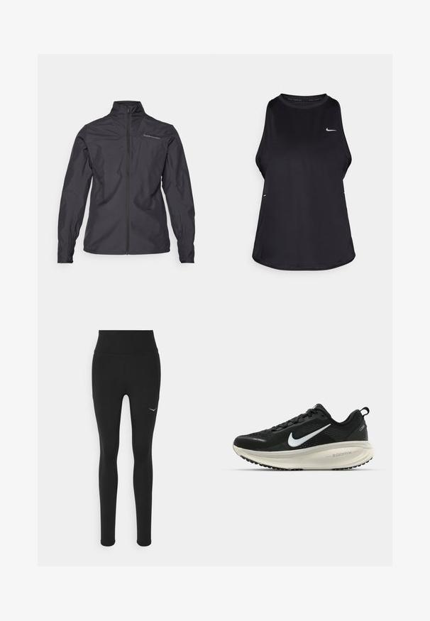 Svart lett jakke med høy krage, hel frontglidelås, elastiske ermer og logo på venstre brystområde. Glatt tekstur.; Svart ermeløs løpe-trøye laget av lett materiale med rund hals; har en subtil logo og sideslitser for pusteevne.; Sorte leggings med høy livhøyde, laget av elastisk materiale. Har en liten hvit logo på venstre side og detaljering på sidesømmene.; Svart Nike løpesko med pustende mesh-overdel, hvit swoosh-logo, teksturert detaljer og en kremfarget ZoomX mellomsåle.