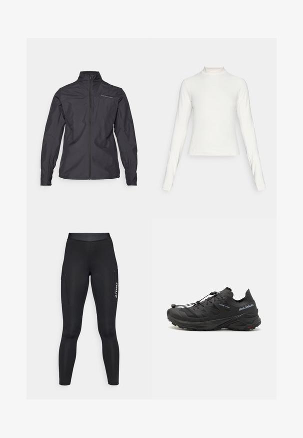 Czarna, lekka kurtka z wysokim kołnierzem, pełnym zamkiem z przodu, elastycznymi mankietami oraz logo po lewej stronie klatki piersiowej. Gładka faktura.; Biała sportowa koszulka z długim rękawem, z kołnierzykiem typu mock oraz małym, centralnie umiejscowionym logo na klatce piersiowej, wyeksponowana na jednolitym tle.; Czarne legginsy sportowe o dopasowanym kroju, wykonane z elastycznego materiału. Posiadają boczne kieszenie oraz białe logo "TERREX".; Czarne buty do biegania w terenie z teksturowaną cholewką, panelami z siateczki i pewnym systemem zapinania. Posiadają trwałą podeszwę zewnętrzną zapewniającą przyczepność.