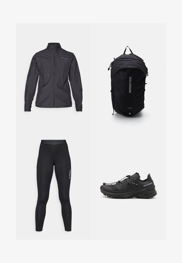 Čierna ľahká bunda s vysokým golierom, plným predným zipsom, elastickými manžetami a logom na ľavej strane hrude. Hladká textúra.; Dlhý rukáv biely športový top s vysokým golierom a malým centrálnym logom na hrudi, zobrazený na jednoduchom pozadí.; Čierne športové legíny s priliehavým strihom, vyrobené z elastického materiálu. Obsahujú bočné vrecká a biele logo "TERREX".; Čierne trailové bežecké topánky s textúrovaným zvrškom, sieťovinovými panelmi a bezpečným systémom zapínania. Obsahujú robustnú podrážku pre lepšiu trakciu.; Čierny batoh so štíhlym dizajnom, textúrovanou tkaninou, nastaviteľnými popruhmi a výrazným strieborným logom "SALOMON" na prednej strane.