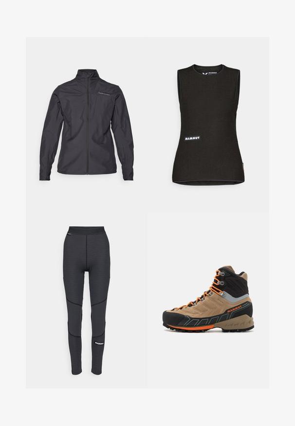 Jachetă ușoară neagră cu un guler înalt, fermoar pe toată lungimea frontală, manșete elastice și un logo pe partea stângă a pieptului. Textură netedă.; Cămașă neagră fără mâneci, cu un model texturat, având o decupare rotundă la gât și un logo "MAMMUT" pe față. Realizată dintr-un material respirabil.; Leggings atletice negre cu panouri texturate și cusături întărite, având un logo de marcă și un talie largă, elastică.; Cizmă de drumeție înalță, bej și neagră, cu șireturi portocalii, capac din cauciuc pentru vârf, partea superioară texturată și talpă robustă. Dispune de suport pentru gleznă întărit.