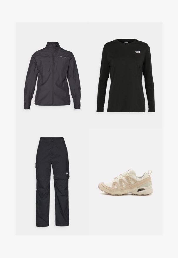Svart lättviktsjacka med hög krage, full frontdragkedja, elastiska manschetter och en logotyp på vänster bröstområde. Slät textur.; Svart långärmad t-shirt i bomull med rund hals. Har en liten vit logotyp på vänster bröstområde. Enkelt design och passform.; Svarta nylonbyxor med avtagbara ben, justerbara muddar, flera fickor och en logotyp på högra benet. Slät, lätt textur.; Beige och krämfärgad atletisk sko med texturerad meshovandel, stöttande överdrag och gummisulor med ett mönster för grepp.