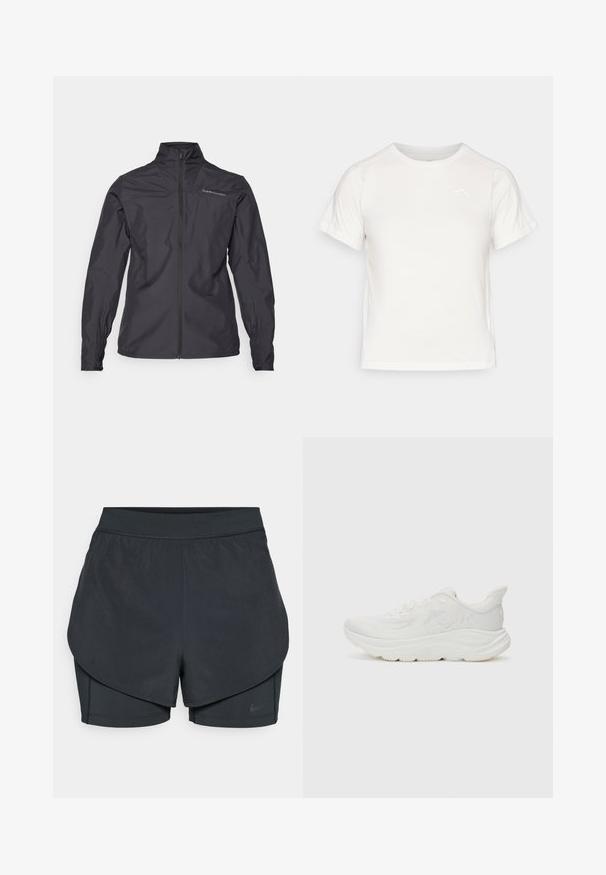 Schwarze leichte Jacke mit hohem Kragen, durchgehendem Reißverschluss, elastischen Bündchen und einem Logo auf der linken Brustseite. Glatte Textur.; Leichtes weißes T-Shirt mit kurzen Ärmeln, Rundhalsausschnitt und einem kleinen Logo in der oberen linken Ecke. Glatte Stoffoberfläche mit leichtem Glanz.; Schwarze sportliche Shorts mit einem geschichteten Design, das eine glatte äußere Schicht und eng anliegende innere Shorts umfasst. Hergestellt aus leichtem, dehnbarem Material.; Weiße Sportschuh mit einem strukturierten Mesh-Obermaterial, gepolstertem Schaft, dicker Zwischensohle und Gummilaufsohle. Mit Logodetail an der Seite.