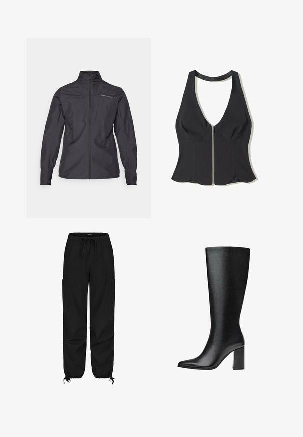 Black lightweight jacket featuring a tall collar, full front zipper, elastic cuffs, and a logo on the left chest area. Smooth texture.; Black halter top made of fabric with a deep V-neck, featuring a front zipper and scalloped hem at the bottom. No patterns or accents.; Black cargo pants made of lightweight fabric, featuring an elastic waistband with drawstring, two side pockets, and elastic cuffs.; Black knee-high boot made of faux leather with a pointed toe, smooth texture, and a chunky block heel. Minimalist design with no visible accents.
