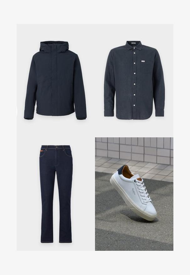 Navy blue waterproof jacket with a hood, featuring a straight cut, long sleeves, and minimalistic design without visible fastenings or patterns.; Dark blue long-sleeve shirt made of linen, featuring a button-down collar, front pocket, and white buttons. Wrangler logo on the pocket.; Dark blue denim jeans with a straight leg cut, featuring orange stitching, five pockets, and a button closure at the waist.; White leather sneaker with a navy heel, round toe, and contrasting brown accents. Features flat laces and textured rubber sole.