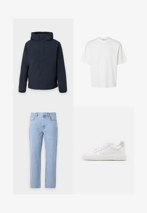 Mørkeblå vandtæt jakke med hætte, med en lige snit, lange ærmer og et minimalistisk design uden synlige lukninger eller mønstre.; Hvid bomulds T-shirt med korte ærmer, rund halsudskæring og en afslappet pasform. Glat tekstur uden synlige mønstre eller detaljer.; Lysblå denim jeans med lige ben-design, fem lommer og knaplukning. Blød tekstur med en klassisk falmet finish.; Hvide lædersneakers med en glat finish, rund tå, flade snørebånd og en struktureret sål. Grå ruskindsdetalje ved hælen.