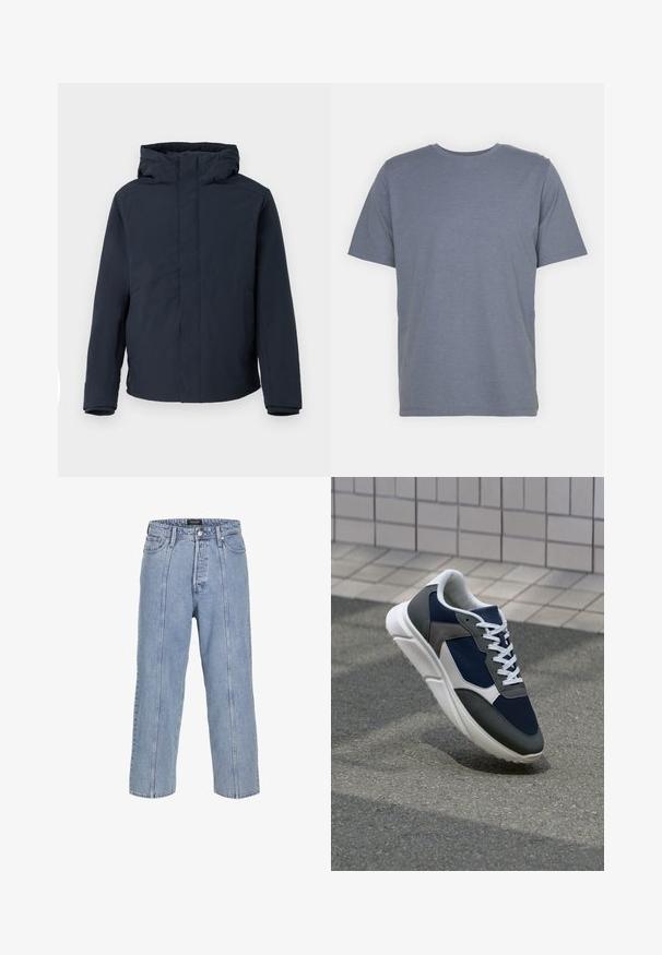 Námornícky modrá vodeodolná bunda s kapucňou, so štíhlym strihom, dlhými rukávmi a minimalistickým dizajnom bez viditeľných zapínaní alebo vzorov.; Šedé tričko s krátkymi rukávmi a okrúhlym výstrihom, vyrobené z jemnej bavlnenej zmesi. Jednoduchý dizajn, bez vzorov alebo akcentov.; Svetlo modré denimové nohavice s voľným strihom, širokými nohavicami a viditeľnými šitými detailmi. Obsahujú zapínanie na gombík a zips, päť vreciek.; Tenisky s sieťovinou v námorníckej modrej farbe, so sivými semišovými detailmi, bielou gumovou podrážkou a plochými bielymi šnúrkami, navrhnuté pre pohodlie a priedušnosť.