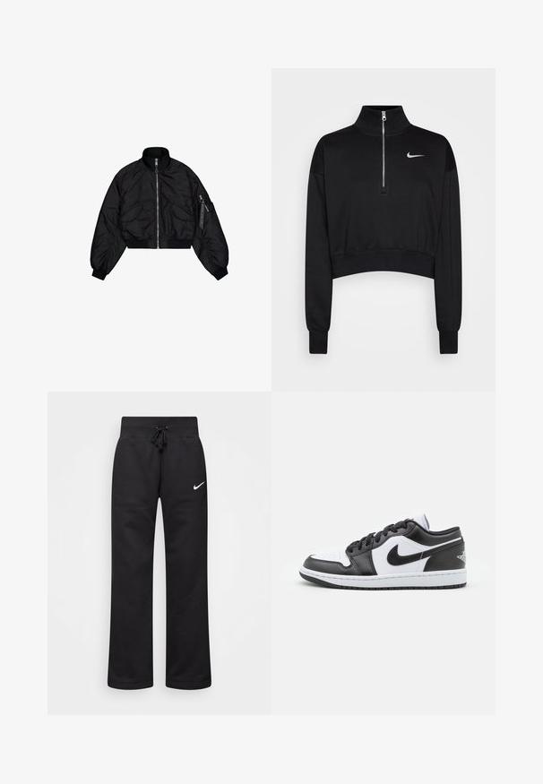 Black cropped bomber jacket with a high collar, zip closure, elastic cuffs, and two front pockets. Smooth, shiny texture with slight sheen.; Black cropped sweatshirt with a high collar, half-zip closure, ribbed cuffs, and a small white Nike logo on the left chest. Soft fabric texture.; Black sweatpants made of cotton blend, featuring a drawstring waistband, straight legs, and a white Nike logo on the left side.; Black and white Nike low-top sneakers feature a smooth leather upper, round toe, lace-up closure, and a patterned rubber outsole.