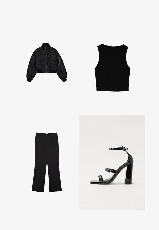 Černá zkrácená bomber bunda s vysokým límcem, zipovým zapínáním, elastickými manžetami a dvěma předními kapsami. Hladká, lesklá textura s mírným leskem.; Černý bezsleeve crop top vyrobený z hladké tkaniny, s kulatým výstřihem a čistým, jednoduchým designem bez vzorů nebo kovových doplňků.; Černé kalhoty s rovným střihem, s předními kapsami a bočními rozparky na lemu. Vyrobené z jemné, hladké tkaniny. Vhodné na různé příležitosti.; Černé lakované sandály na podpatku se čtveratou špičkou, lýtkovými pásky a stříbrnými přezkami. Disponují masivním blokovým podpatkem pro stabilitu.