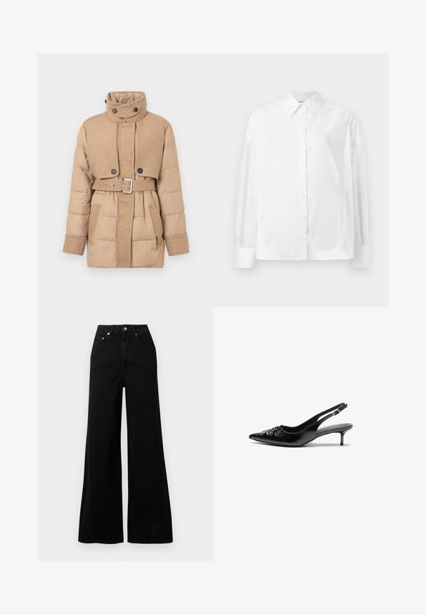 Bež pufasta jakna z pasom, visokim ovratnikom, dvema črnima gumboma in kontrastnimi teksturami tkanin. Ima stranske žepe.; Bela srajca z dolgimi rokavi in gumbi, izdelana iz gladkega bombažnega mešanega materiala. Ima klasičen ovratnik, sprednje zapiranje na gumbe in zaokrožene manšete.; Črne široke jeans hlače iz jeansa, z visokim pasom, petimi žepi, sprednjo zapenjavo na gumbe in minimalnimi šivi.; Črne usnjene slingback pete z izostrenim nosom, majhno mačje peto in okrasno vozličasto podrobnostjo na sprednjem delu. Gladka tekstura po celotni površini.