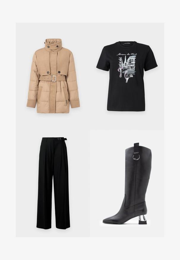 Smėlio spalvos pūkinė striukė su dirželiu talijoje, aukštu apykakle, dviem juodais mygtukais ir kontrastingomis audinio tekstūromis. Yra šoniniai kišeniai.; Juodas medvilnės marškinėliai su grafiniu dizainu, vaizduojančiu Paryžiaus gatves su bokštu, pabrėžtu rožinės ir baltos spalvos linijų mena. Apvalia iškirpte.; Juodos plačios kojų kelnės su aukštu liemeniu, priekinėmis klostėmis ir diržu su sagtimi. Pagamintos iš lygaus, lengvo audinio.; Juodos odinės kelio ilgio botai su smailiu priekiniu bicu ir chromo bloko kulnu. Turi dirželį su apvaliu metaliniu akcentu viršuje.