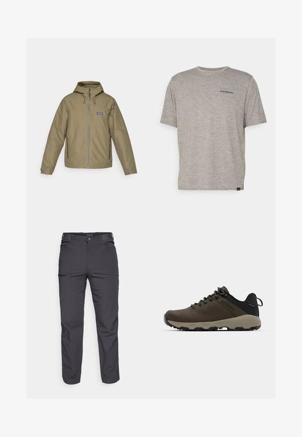 Olive roheline kapuutsiga jakk ees Zipperiga, kahe lukuga külje taskuga, reguleeritavate mansettidega ja Patagonia logo rinnal.; Hall tootega hall T-särk lühikeste varrukatega, pehmest tekstuuriga kangast, millel on vasakul rinnal väike sinine Patagonia logo. Täiendavaid mustreid pole.; Tumed hallid püksid, mis on valmistatud vastupidavast kangast, varustatud lukuga tasku, sirge lõikega ja vööaasadega, et sobivust kohandada.; Kohandatud veekindlad pruunid spordijalatsid tekstuuriga pealisega, perforatsioonidega detailid, must kandetoetav osa ja hall kummine sisetald. Paelad on metallist otstega.