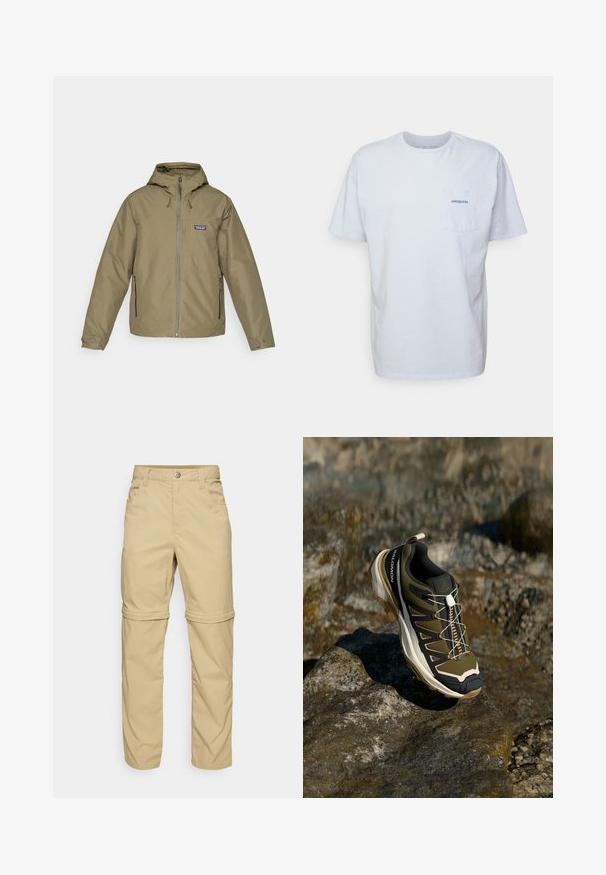Olivnozelena jakna s kapuco in sprednjim zadrgo, dvema strankama z zadrgo, nastavljivimi manšeti in logotipom Patagonia na prsih.; Bela bomba majica iz bombaža s kratkimi rokavi, okroglo ovratnikom in žepom na levi strani prsi, ki ima modri logo "Patagonia". Klasičen kroj z gladko teksturo.; Bež hlače z možnostjo odpnevanja z gladko teksturo, ki imajo dve stranski žep in zaponko na gumb, ter lahko zavihane manšete za večjo vsestranskost.; Pohodni čevlji v olivno zeleni in črni barvi s poudarki v roza. Imajo teksturirano zgornji del, fleksibilno podplat, ojačan zaščitni del za prste in barvit sistem vezalk.