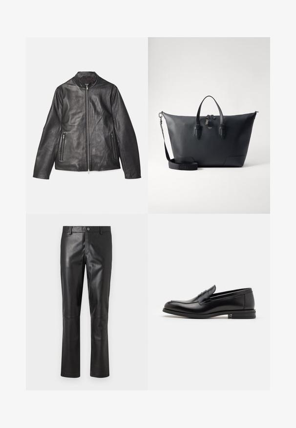 Theory MORVEK KELLEHER - Leather jacket - black; White long-sleeve thermal top with a ribbed texture, crew neck, and banded cuffs. Clean design with no patterns or additional accents.; Black leather pants with a smooth texture, straight-leg design, and subtle stitching along the seams. Features a button closure at the waist.; Black leather loafers with a smooth texture, rounded toe, and a decorative strap across the vamp. Low stacked heel, minimalist design.; Lancel CHARLIE UNISEX - Briefcase - black