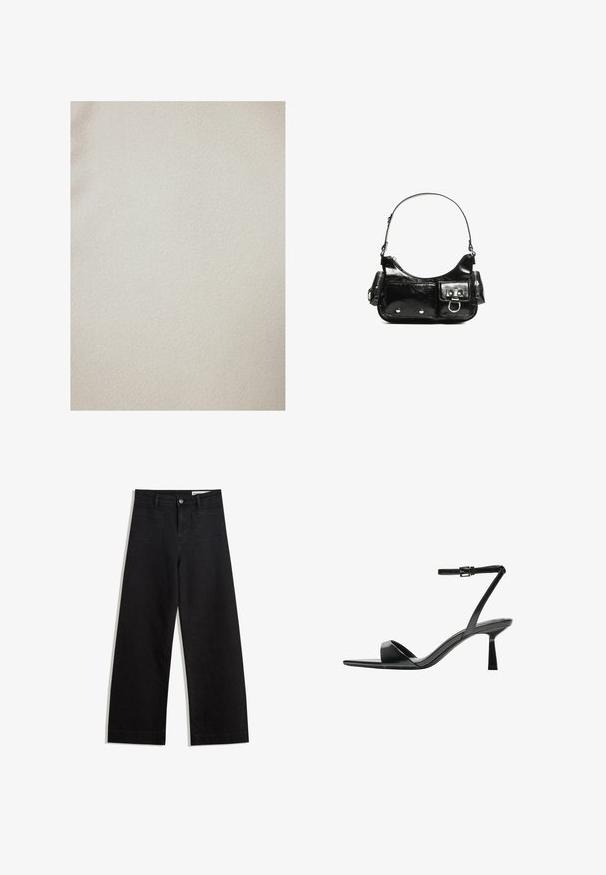 Touché Privé - Kurtka przejściowa; Czarno-białe koszulki z długim rękawem, z okrągłymi dekoltami, z miękkiego materiału, o dopasowanym kroju i prostych zakończeniach.; Czarne dżinsowe spodnie o szerokich nogawkach i wysokim stanie, z przednimi i tylnymi kieszeniami, przeszyciami oraz zapięciem na guziki. Gładka struktura.; Bershka - Sandały na obcasie; Czarna torebka z lakierowanej skóry o zaokrąglonym kształcie, z jednym paskiem na ramię, przednimi kieszeniami i akcentami w kolorze srebrnym.