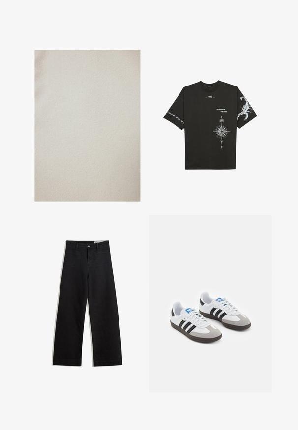 Touché Privé GOLD BUTTONED - Jas - cream; Zwarte katoenen t-shirt met witte grafische prints, waaronder een schorpioen en abstracte ontwerpen. Korte mouwen; ronde hals.; Zwarte denim broek met wijde pijpen en een hoge taille, voorzien van voor- en achterzakken, gestikte naden en een knoopsluiting. Gladde textuur.; Sportschoenen met een witte leren bovenkant, grijze suède neus en drie zwarte strepen. Bevat een blauw logo op de tong en een gestructureerde rubberen zool.