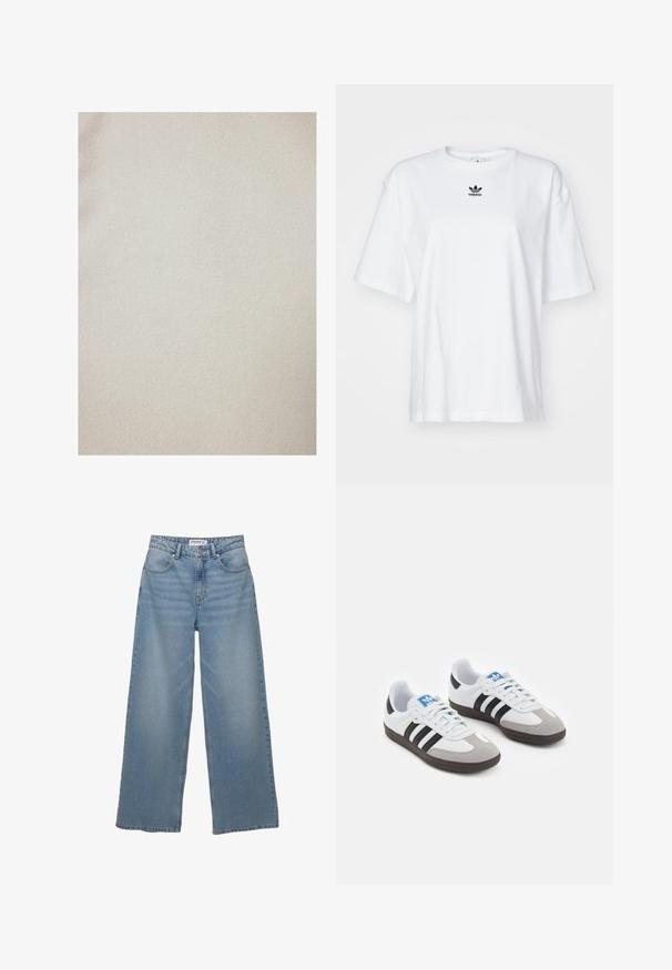Touché Privé GOLD BUTTONED - Jachetă subțire - cream; Tricou alb cu mânecă scurtă, fabricat din bumbac. Are un guler rotund și un mic logo negru Adidas pe piept. Tiv drept.; Jeans largi de un albastru deschis, fabricate din denim. Au talie înaltă, cinci buzunare și croială dreaptă, cu o decolorare minimă.; Încălțăminte sport cu un superior din piele albă, vârf din suede gri și trei dungi negre. Prezintă un logo albastru pe limbă și o talpă din cauciuc texturat.