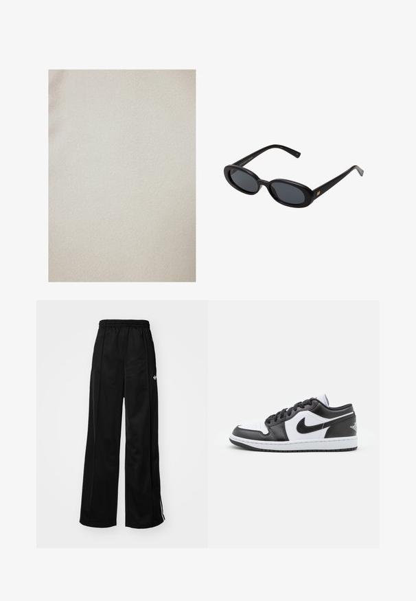 Touché Privé GOLD BUTTONED - Giacca da mezza stagione - cream; T-shirt cropped bianco a maniche lunghe, realizzato in tessuto morbido, presenta un collo rotondo e una vestibilità rilassata con maniche a giro. Design semplice e pulito.; Pantaloni da tuta neri a gamba larga con vita elasticizzata, caratterizzati da strisce laterali bianche e un piccolo logo sull'anca sinistra. Tessuto liscio.; Le sneaker Nike a basso profilo in bianco e nero presentano una tomaia in pelle liscia, punta rotonda, chiusura con lacci e una suola in gomma con un motivo.; Occhiali da sole neri oversize con lenti ovali, montatura in plastica liscia e accenti dorati sulle tempie. Le lenti scure offrono protezione dal sole.