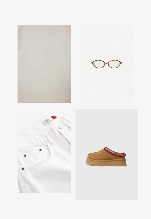 Touché Privé GOLD BUTTONED - Light jacket - cream; White short-sleeve t-shirt made of cotton. Features a crew neckline and a relaxed fit. Smooth texture with no visible patterns or accents.; White denim shorts featuring a mid-rise design, five-pocket style, and copper-tone hardware accents. Textured fabric with stitched detailing.; Brown suede slip-on shoe with red and cream patterned trim, textured sole, and UGG logo on side. Features a slight platform height.; Tortoiseshell eyeglasses with oval lenses and a sleek, smooth finish. Features thin sides with a subtle curve at the temples. Clear lenses.