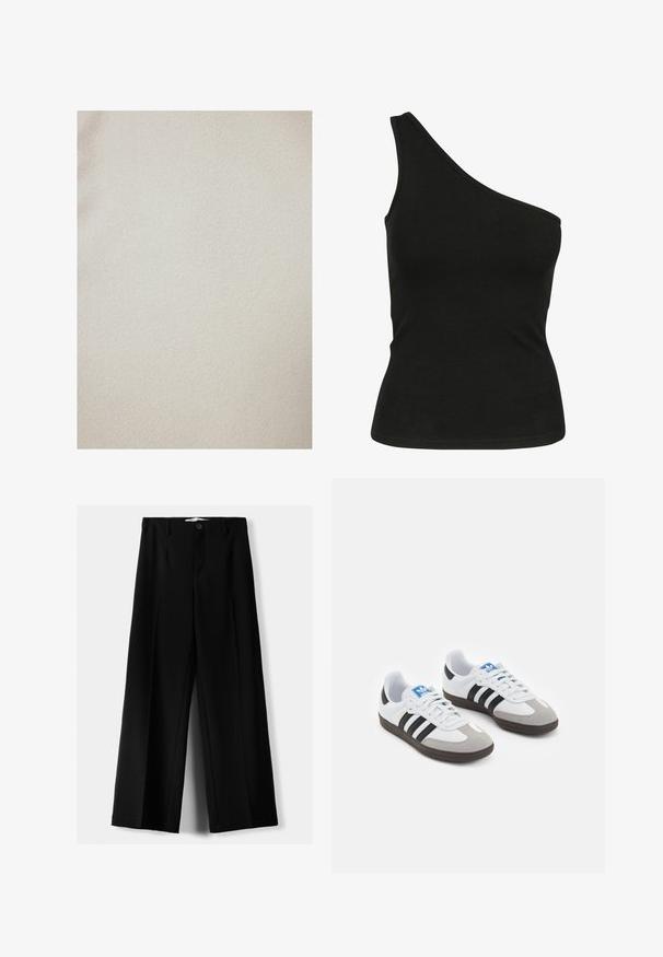 Touché Privé GOLD BUTTONED - Mezisezónní bunda - cream; Černý top na jedno rameno vyrobený z hladké tkaniny, s přiléhavým střihem a čistým, šitým výstřihom. Žádné viditelné vzory ani akcenty.; Černé široké kalhoty z lehkého materiálu s předním zapínáním na knoflík a hladkým předním dílem, s pečlivě přišitými lemy.; Sportovní boty s bílým koženým svrškem, šedou semišovou špičkou a třemi černými pruhy. Obsahují modré logo na jazyku a texturovanou gumovou podrážku.