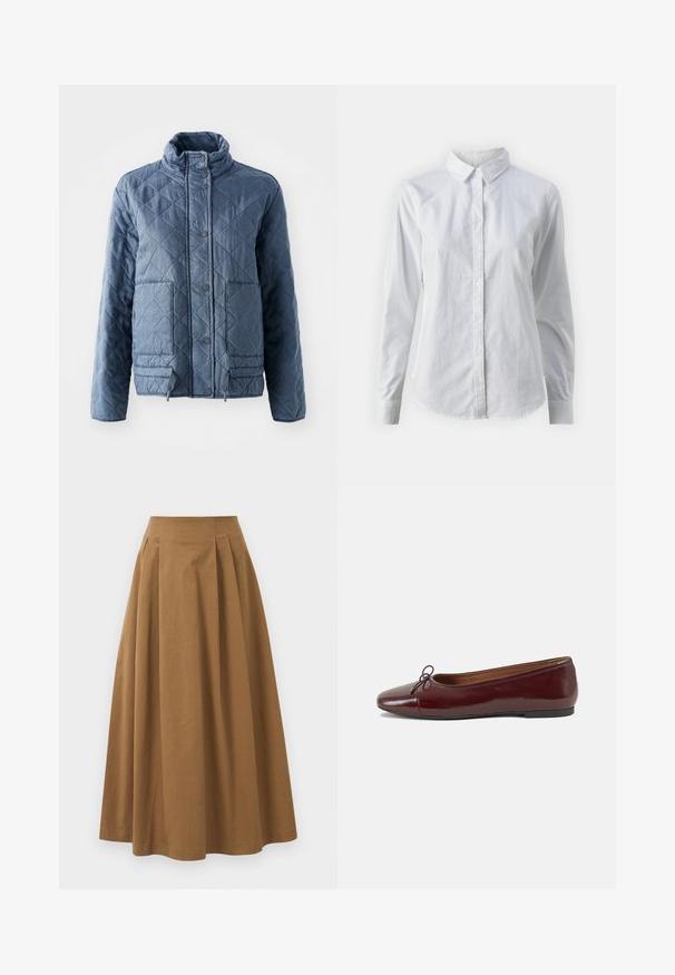 Tumedast sinisest riidest vooderdatud jakk, millel on kõrge krae, nupud ja kaks esikäsi taskut. Pehme kangas, millel on tekstureeritud ja isolatsiooni andev välimus.; Valge nööpidega särk, mis on valmistatud siledast puuvillast. Särgil on klassikaline krae, pikad varrukad ja kaarduv äär. Nöödid on väikesed ja valged.; Pruun puuvillane A-line seelik kõrge vöökohaga, millel on voldid ees ja sile tekstuur. Pika serva viimistlus on puhas ja lihtne.; Burgundi patendnahk kingad balletitüüpi, ümmarguse ninaosa, ees väike paelaaktsent ja madal must kummist tald. Sile tekstuur.