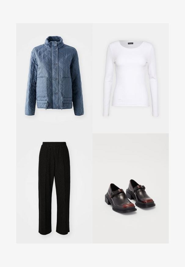 Quiltana jakna v temno modri barvi, z visokim ovratnikom, gumbi in dvema sprednjima žepoma. Mehak material s teksturiranim, izoliranim videzom.; Bela rebrasta majica z dolgimi rokavi in okruglim izrezom. Narejena iz elastičnega materiala, ki se prilega telesu. Značilen je diskreten horizontalni potisk.; Črne široke hlače z belimi vertikalnimi štrikami, ki imajo elastičen pas za udobje in gladko, mehko teksturo.; Usnjeni čevlji z blok peto v sijočem temno burgundskem odtenku, s sponko in obliko okrogle pointe. Struktura podplata za dober oprijem.
