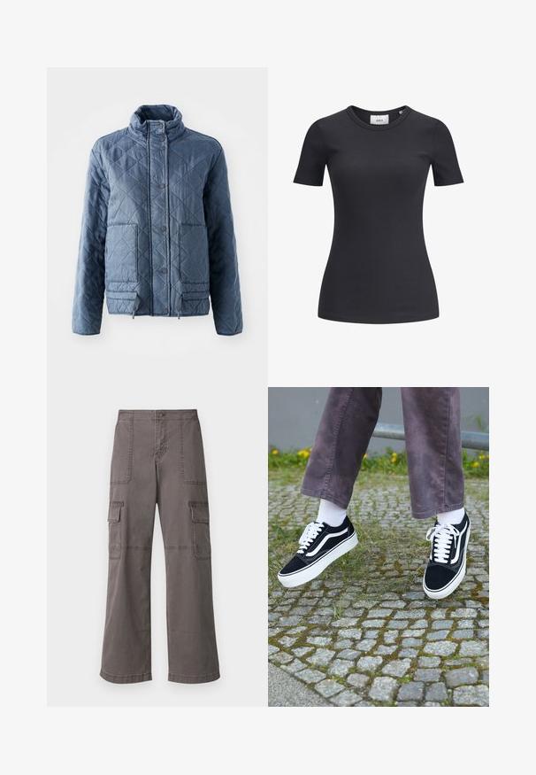 Prešívaná bunda tmavomodrej farby s vysokým golierom, gombíkmi a dvoma prednými vreckami. Mäkká tkanina s textúrovaným, izolačným vzhľadom.; Čierny rebrovaný tričko s krátkym rukávom a okrúhlym výstrihom. Vyrobené z mäkkej, elastickej látky, s jemnou textúrou a priliehavým strihom.; Šedé cargo nohavice z bavlny s širokým strihom, ktoré majú dve predné vrecká, dve bočné vrecká a viditeľné steh.; Čierne semišové tenisky s bielymi akcentmi, s okrúhlou špičkou, hrubou bielou podrážkou a klasickým šnurovacím dizajnom, kombinované s bielymi ponožkami a fialovými nohavicami.