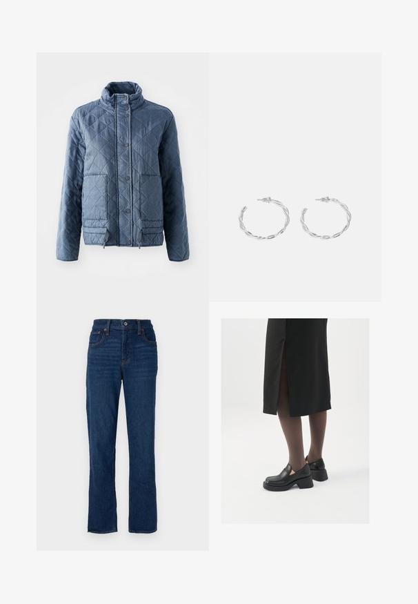 Veste matelassée bleu foncé, dotée d'un col haut, de boutons et de deux poches avant. Tissu doux avec une apparence texturée et isolante.; Débardeur blanc sans manches en tissu côtelé, doté d'un col rond et d'une silhouette ajustée, avec des coutures minimales et sans ornements.; Jean droit en denim bleu foncé avec un design à cinq poches, des coutures orange et une fermeture à bouton au niveau de la taille.; Chaussures noires en cuir avec un bout arrondi, un épais talon bloc et des accents latéraux élastiques, associées à des bas foncés et une jupe noire avec une fente.; Boucles d'oreilles en argent en forme de créoles avec un design torsadé, dotées d'une finition polie et d'une fermeture à poussoir. Mesurent environ 3 cm de diamètre.