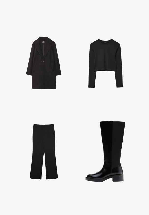 Musta villakangastakki, jossa on viistetty kaulus, yksittäinen napitus ja kaksi etutaskua. Suora siluetti ja pitkät hihat.; Mustat pitkät hihat lyhyt toppi, jossa on pyöreä kaula-aukko, yksinkertainen muotoilu ja hieman kaareva helma.; Mustat housut suoralinjaisella leikkauksella, joissa on etutaskut ja sivurei'ät helman alla. Valmistettu pehmeästä ja sileästä kankaasta. Sopii eri tilaisuuksiin.; Musta polven korkeudelle ulottuva saapas, jossa on sileä nahkapinta, näkyvät saumat, mahtava korko ja teksturoitu takapaneeli lisäyksinä.