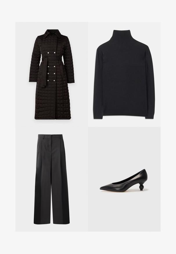 Melnas quiltētas mēteļa ar apkakli, garām piedurknēm, jostu viduklī un sudraba pogu akcentiem priekšpusē. Satur teksturētu rakstu.; Melns augstais kakls džemperis no mīksta auduma. Tam ir garas piedurknes, augsts kakls un ribotas aproces un apakšmala, lai radītu pieguļošu izskatu.; Melni platajā kājās bikses ar augsto jostasvietu, kas ar priekšējiem krokām, gludu tekstūru un pielāgotu apdari. Veidotas relaksētai piegrieztei.; Melnas ādas augstpapēžu kurpes ar smailu purngalu un apaļu papēdi. Gluda tekstūra ar elegantu, minimālistisku dizainu.