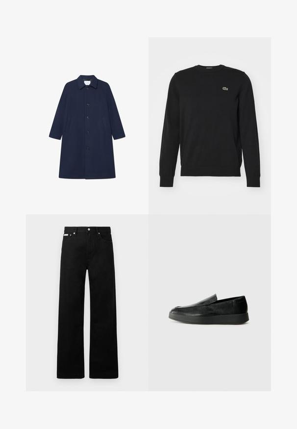 Navy wool blend coat with a button closure, long sleeves, and side pockets. Features a classic collar and a knee-length design.; Black crewneck sweater made of knit fabric with ribbed cuffs and hem. Features a small green embroidered crocodile logo on the chest.; Black denim pants with a wide-leg design, featuring five pockets and metallic button hardware. Smooth texture, no visible patterns.; Calvin Klein HYBRID CUP - Slip-ons - triple black