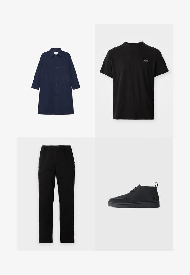 Palton din amestec de lână bleumarin, cu închidere prin buton, mâneci lungi și buzunare laterale. Dispune de un guler clasic și un design până la genunchi.; Tricou negru cu mânecă scurtă, cu guler rotund și un mic logo verde de crocodil pe partea stângă a pieptului, pe un fundal simplu.; Pantaloni negri dintr-un material textil amestecat de bumbac, cu croială dreaptă, talie elastică cu nasture și fără modele sau accente vizibile.; Cizme de gleznă din suede negru, cu șireturi, având un tab de prindere și o talpă texturată, prezentând un mic logo de crocodil embossat pe lateral.