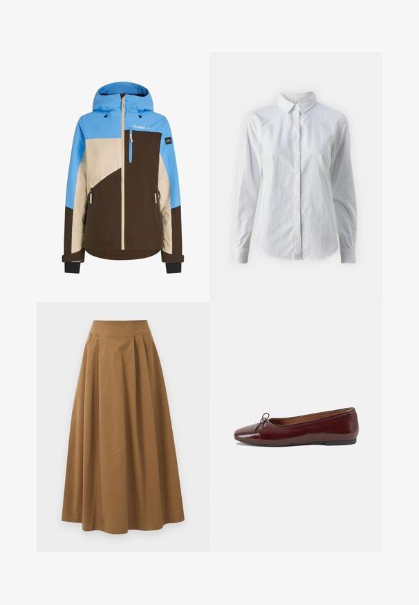 Bunte Skijacke mit einem Farbblockdesign in Blau, Braun und Beige. Verfügt über eine Brusttasche mit Reißverschluss und verstellbare Ärmelbündchen.; Weißes Hemd mit Knöpfen, aus glattem Baumwollstoff, mit klassischem Kragen, langen Ärmeln und abgerundetem Saum. Die Knöpfe sind klein und weiß.; Brauner Baumwoll-A-Linien-Rock mit hoher Taille, der vorne Falten aufweist und eine glatte Textur hat. Der Saum ist sauber und einfach verarbeitet.; Burgunderfarbenes, lackiertes Ballettschuh mit abgerundetem Zehenbereich, kleiner Schleifenakzent vorne und einer niedrigen, schwarzen Gummisohle. Glatte Textur.