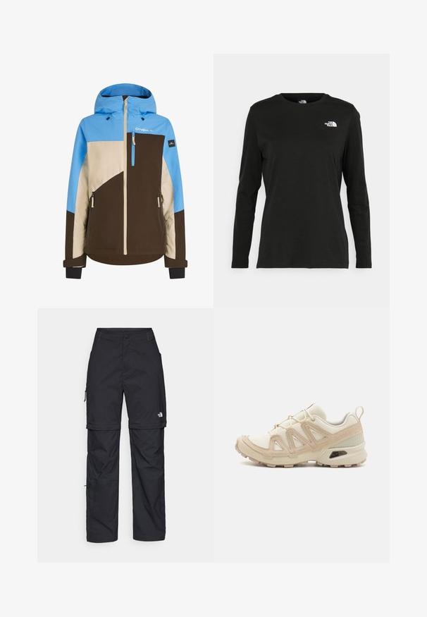 Krāsaina slēpošanas jaka ar zilas, brūnas un bēšas krāsu blokiem. Tai ir rāvējslēdzēja kabata krūtīs un regulējamas aproces.; Melnas garām piedurknēm T-krekls, izgatavots no kokvilnas ar apaļu kaklu. Tam ir mazs balts logo kreisajā krūtīs. Vienkāršs dizains un piegulums.; Melni nailona bikses ar noņemamām kājām, regulējamiem uzmavām, vairākām kabatām un logotipu uz labās kājas. Gluda, viegla tekstūra.; Beige un krēma sporta apavi ar strukturētu tīkla virsmu, atbalstošajiem slāņiem un gumijas zoli ar protektoru rakstu, kas nodrošina saķeri.