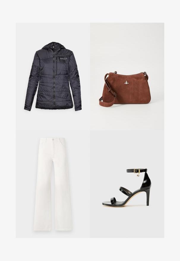 Sort isoleret jakke med hætte, der har vandret quiltet design, med lynlås foran og en let indsnævring ved sømmen. Norrøna-logo på brystet.; Beige ribstrikket sweater med dyb V-udskæring, lange ærmer og en struktureret panel ved brystet. Korte længde med en afslappet pasform.; Hvide, højtaljede bukser med bred ben lavet af denim. Har en knaplukning, to forlommer og sidesømme med syningsdetaljer.; Sorte patenterede lædersandaler med tre stropper, ankelspænde og 10 cm stiletthæl. Har detaljer i guld og et logo charms.; Brun ruskinds taske med lynlås, justerbar skulderrem og sølvfarvede detaljer, der har en subtil tekstureret overflade.