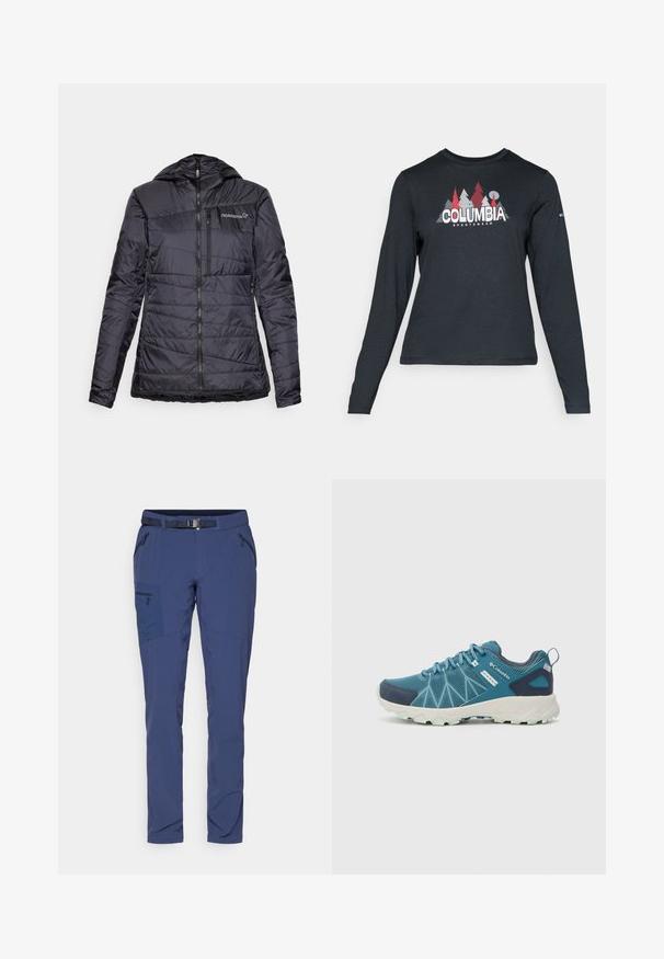 Fekete, szigetelt dzseki kapucnival, vízszintes tűzéssel, cipzáras elülső résszel és enyhe ragasztással az alján. A mellkason a Norrøna logó található.; Hosszú ujjú, sötétszürke ing piros fákkal és hegyekkel díszítve; a "COLUMBIA" logó vastag fehér betűkkel. Puha anyag, klasszikus kerek nyakkivágás.; Sötétkék kültéri nadrág, testre szabott stílusban, több zsebbel, övvel és megerősített területekkel a tartósság érdekében. Rugalmas anyag.; Columbia PEAKFREAK™ II OUTDRY™ - Túracipők - blue heron/skylight