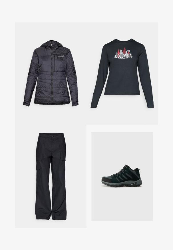 Svart isolert jakke med hette, med horisontal quilted design, glidelåslukking foran og en lett justering i nederkant. Norrøna-logo på brystet.; Langermet mørkegrå skjorte med grafikk av røde trær og fjell; "COLUMBIA" logo i fet hvit tekst. Mykt stoff, standard rund hals.; Columbia BREA FALLS™ COTTON RIPSTOP PANT - Friluftsbukser - black; Columbia REDMOND - Fjellsko - black/citron haze