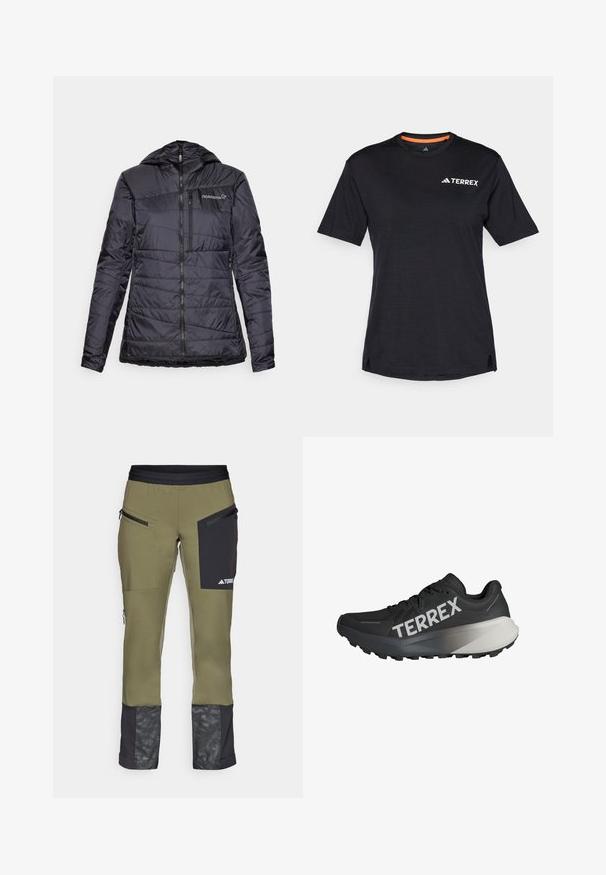 Melnā izolētā jaka ar kapuci, kas aprīkota ar horizontālu izšūšanas dizainu, ar rāvējslēdzēja priekšpusi un nelielu pievilkšanu apakšā. Norrøna logo uz krūtīm.; Melns īsām piedurknēm T-krekls ar apaļu dekoltē, ar smalku heather tekstūru un baltu "TERREX" logo augšējā kreisajā pusē.; Zaļas tehniskās bikses ar melniem akcentiem, ar rāvējslēdzēju kabatām un rakstainu apakšstilbu. Izgatavotas no elastīga, izturīga materiāla.; Melnas skriešanas kurpes ar teksturētu virsu, izteikts "TERREX" logo baltā krāsā, sašaurināts zoles dizains un gradienti pelēks akcents uz papēža.