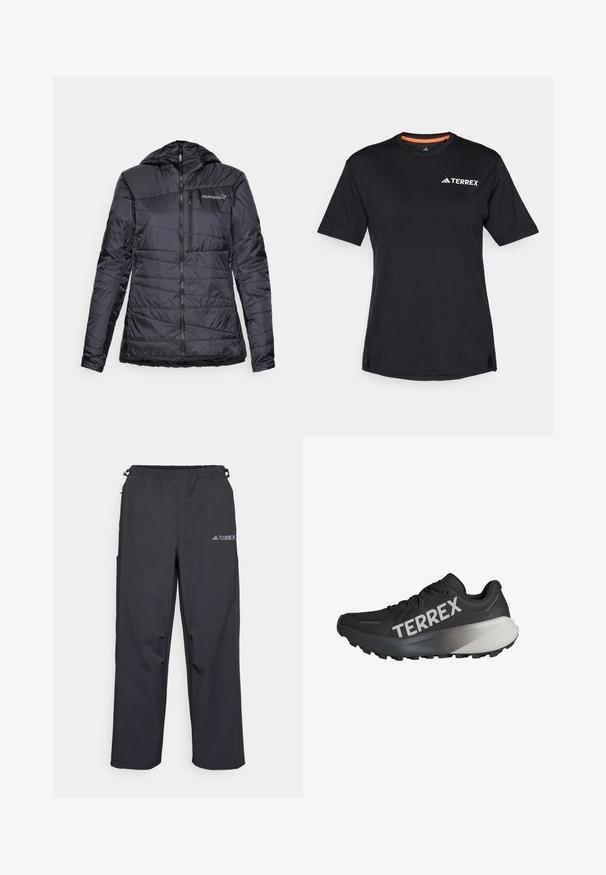 Črna izolirana jakna s kapuco, s horizontalnim quiltanim dizajnom, z zadrgo spredaj in rahlim zategovanjem na robu. Norrøna logotip na prsih.; Črna kratkosleča majica s krocnim ovratnikom, ki ima subtilno heather teksturo in belo "TERREX" logo na zgornji levi strani.; Črne lahke hlače za prosti čas z elastičnim pasom, stranskimi žepi in logotipom na zgornjem desnem stegnu. Gladka, vodoodbojna tkanina.; Črne športne čevlje za tek z strukturo zgornjega dela, vidnim logotipom "TERREX" v beli barvi, obliko podplata v ožjem stilu in gradijentnim sivo-odtenkom na peti.