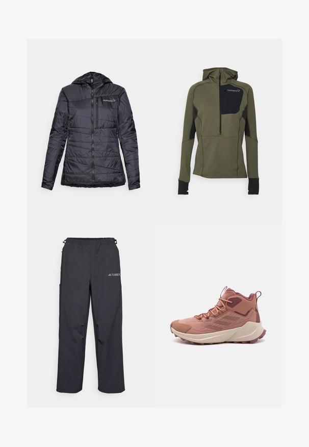 Crna izolirana jakna s kapuljačom, s horizontalnim prešanim dizajnom, zatvaranjem na rajsferšlus i blagim skupljanjem na rubu. Norrøna logo na prsima.; Zeleni pulover dugih rukava s kapuljačom, teksturirana tkanina, prednji dio s polu-zipom, crna prsna džep i kontrastne crne rukave.; Crne, lagane hlače za aktivnosti na otvorenom s elastičnom pasicom, bočnim džepovima i logotipom na gornjoj desnoj nozi. Glatka, vodootporna tkanina.; Planinarske cipele u ružičastoj i bordo boji s teksturiranim gornjim dijelom, kontrastnim naglascima, mekanom potplatom i robusnim uzorkom potplata za prianjanje.