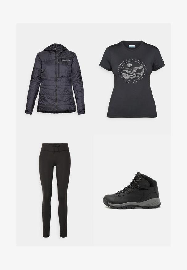 Zwarte gewatteerde jas met capuchon, voorzien van een horizontaal gestikt ontwerp, een ritssluiting aan de voorkant en een lichte aantrekking aan de zoom. Norrøna-logo op de borst.; Zwarte Columbia t-shirt met witte cirkelvormige lijntekening van bergen en een rivier en de tekst "Columbia Sportswear Company Outside Since 1938."; Zwarte leggings met een hoge tailleband, een trekkoord, een gladde textuur en een aansluitend ontwerp. Kenmerkt zich door stikseldetails langs de zijkanten.; Zwarte wandelschoen met een mid-top ontwerp, voorzien van een gestructureerde bovenkant, grijze accenten en een duurzame rubberen zool met gripnoppen.