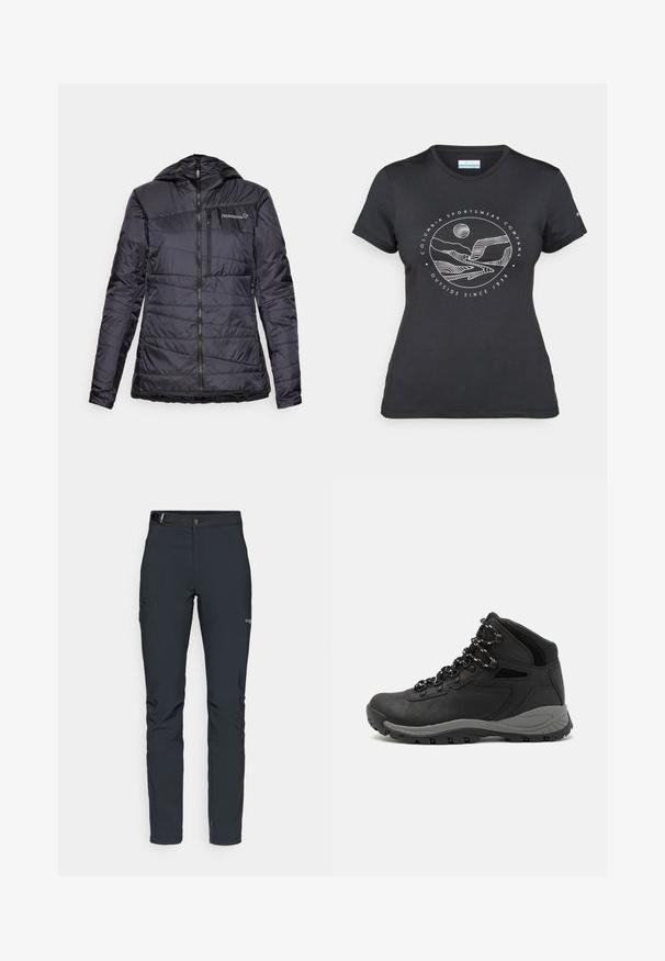 Casaco impermeável preto com capuz, apresentando um design acolchoado horizontal, fecho de correr à frente e um leve ajustamento na bainha. Logotipo da Norrøna no peito.; T-shirt preto da Columbia com arte em linha branca circular representando montanhas e rios, e o texto "Columbia Sportswear Company Outside Since 1938."; Calças de exterior para homens, cinza escuro, feitas de material flexível, com cinto, bolsos com fecho éclair e costuras reforçadas.; Bota de caminhada preta com design de cano médio, apresentando um upper texturizado, detalhes cinzentos e sola de borracha durável com cravos de tração.