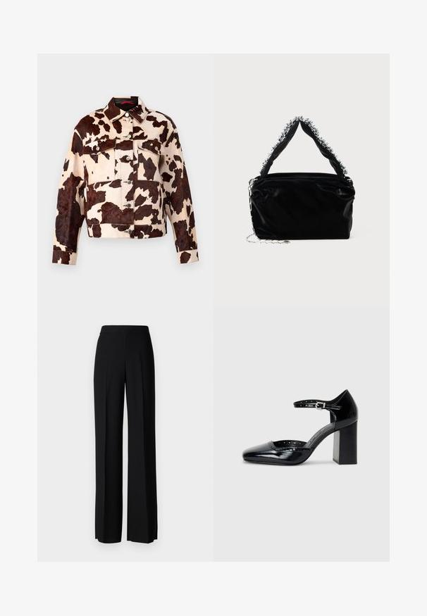 Cow-print denimjakke med knaplukning foran, to brystlommer og klassisk krave. Har teksturerede brune og cremefarvede mønstre.; Hvid bomulds t-shirt med korte ærmer, rund halsudskæring, afslappet pasform og ingen synlige mønstre eller grafik. Glat tekstur og enkelt design.; Sorte vide benbukser med en glat tekstur, der har en høj talje og centerfolder. Ingen synlige mønstre eller hardware detaljer.; Sorte patenterede læder højhælede sko med firkantet tå, ankelrem og en kraftig hæl. Inkluderer perforerede detaljer langs kanten.; Sort faux læder håndtaske med en tekstureret overflade, der har en perlesmykke i sølv langs det øverste håndtag og en kædestrop.