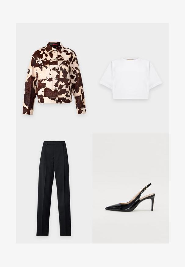 Giacca di denim con stampa di mucca, con chiusura a bottoni, due tasche sul petto e colletto classico. Presenta un motivo testurizzato marrone e crema.; T-shirt bianca cropped realizzata in tessuto morbido, con maniche corte, scollo rotondo e dettagli a costine sull'orlo. Design semplice e senza fronzoli.; Pantaloni neri realizzati in tessuto morbido, caratterizzati da vita alta, gambe larghe, pince frontali e classiche passanti per cintura. Non ci sono tasche laterali visibili.; Pumps slingback in pelle verniciata nera con punta affilata, tacco sottile e un design con ritagli delicati. Caratterizzate da una fibbia dorata sul cinturino.