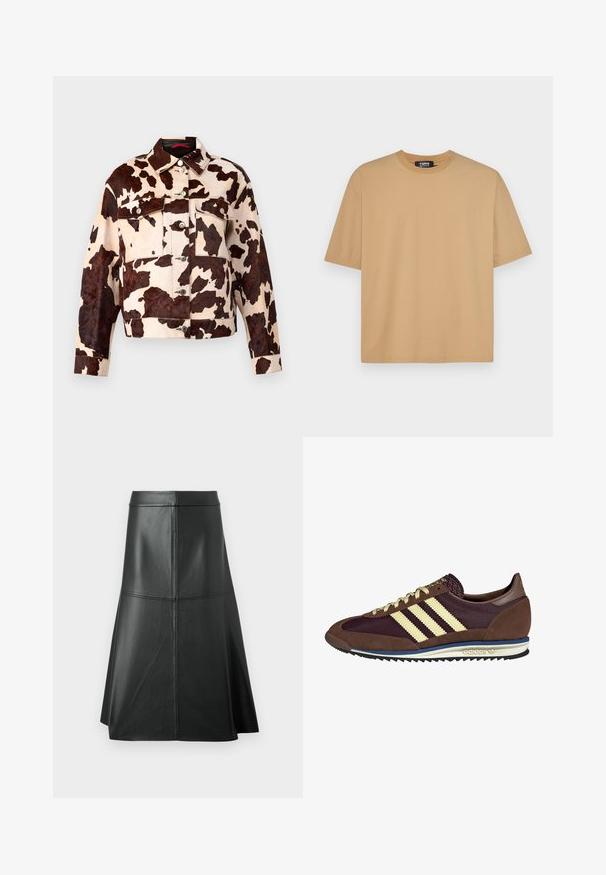 Kaza ar govju rakstu, kam ir bēšs fons ar brūniem pleķiem, ar izteiksmīgu apkakli un sudraba pogu aizdari priekšpusē un kabatās.; Beige kokvilnas T-kreklis ar apaļu kaklu, īsām piedurknēm un brīvu piegriezumu. Gluda tekstūra ar šuvēm ap apakšmalu un piedurknēm.; Melnas ādas A-veida svārki, gluda tekstūra, vidus teļa garumā, ar horizontālām stūmēm jostā un vīlēs, lai piešķirtu papildus struktūru.; Brūni un bordo sporta apavi ar zamšādām un sieta materiāliem, ar trim krēmkrāsas svītrām, teksturētu audumu uz mēles un gumijas zoli.