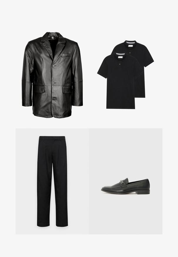 Czarna skórzana marynarka z klapami, zapięcie na dwa guziki, dwie przednie kieszenie i gładka faktura. Dopasowany krój z wysmukłą sylwetką.; Dwie czarne koszulki polo z krótkim rękawem, wykonane z materiału bawełnianego, z klasycznym kołnierzykiem, z zapięciem na dwa guziki oraz białymi paskami wewnątrz kołnierza.; Czarne spodnie wykonane z gładkiego materiału, z prostą nogawką, dwoma fałdami z przodu oraz standardowym paskiem z wypustkami na pasek.; Czarne skórzane mokasyny o gładkim wykończeniu, z haftowanym wzorem i dekoracyjnym akcentem z metalowego łańcucha na wierzchu. Płaska pięta.