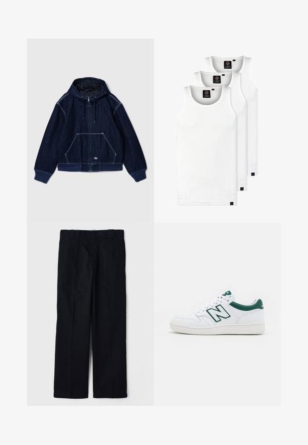 Marineblå denim hettegenserjakke med frontlommer, elastiske mansjetter og kontrasterende sømmer. Glidelås lukking og vattert fôr synlig.; Tre hvite ribbestrikkede tank topper laget av bomull. Har en rund hals og små svarte etiketter nær kanten. Tilgjengelig i flere størrelser.; Sorte bukser laget av et glatt materiale, med rett ben-design, sidelommer og en klassisk midje med beltehemper.; Hvit sneaker med grønne detaljer, lærøvre, perforert tå, snøring og teksturert gummisåle. Har et fremtredende "N"-logo.