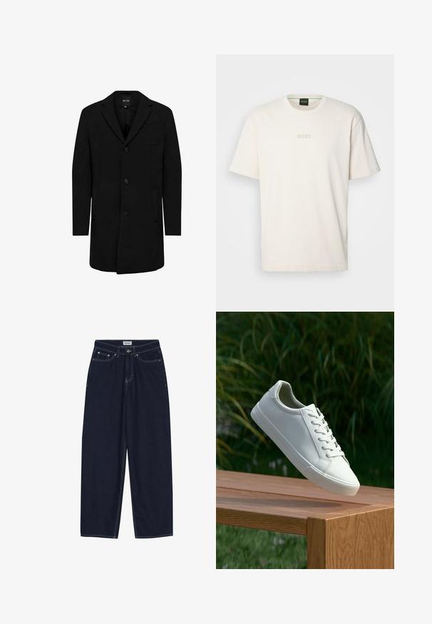 Casaco preto feito de mistura de lã com um design ajustado; apresenta um fecho de botão único, lapelas recortadas e bolsos laterais. Textura suave.; BOSS TEE - T-shirt básica - open white; Calças largas de denim azul escuro com costura em contraste, bolsos frontais e fecho de botão. Corte limpo e direto, sem adornos.; Sapatilha branca com atacadores suspensa acima de um banco de madeira, com folhagem verde ao fundo, destacando o design e a textura do calçado.