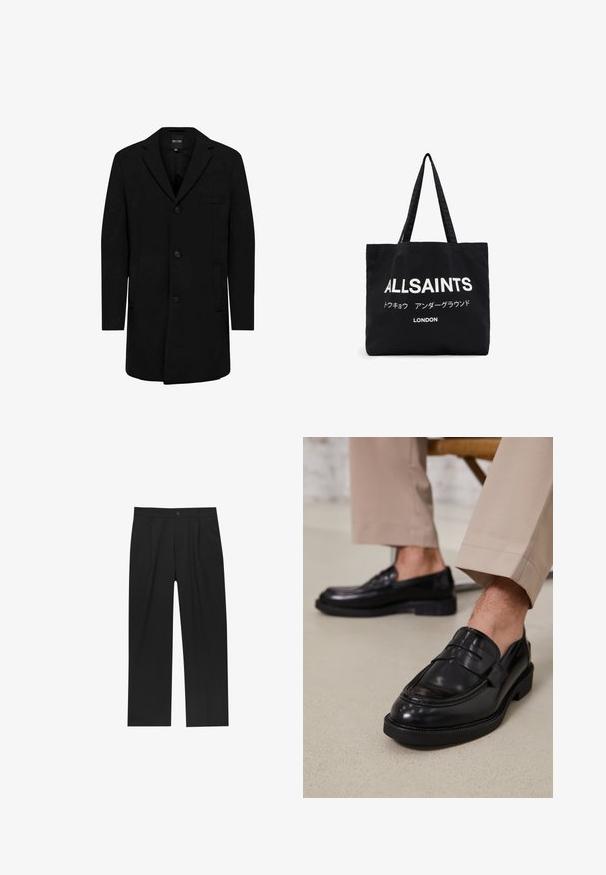 Črn plašč iz mešanice volne s krojenjem po meri; ima zapiranje na en gumb, izrezane reverje in stranske žepe. Gladka tekstura.; Nabor osmih črnih bombažnih majic s kratkimi rokavi in okroglim izrezom, ki imajo preprost dizajn in mehak otip.; Črne hlače z ravnim krojem, narejene iz gladkega materiala. Imajo sprednje gube in enojno zaponko na pasu.; Črne usnjene loafer čevlje z gladko površino, ki imajo okrasno zaponko in kontrastno šivanje, v kombinaciji s bež hlačami.; Črna platnena torba z izrazitim belim napisom "ALLSAINTS" in manjšim besedilom v japonščini ter "LONDON" na dnu. Dva dolga ročaja.